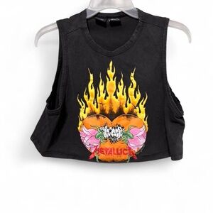 Black Metallica  Graphic Crop Top with Flame Design